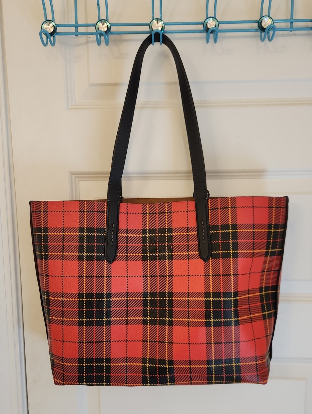 Coach Highline Plaid Print Coated Canvas Tote Bag Red Black - Picture 7 of 12